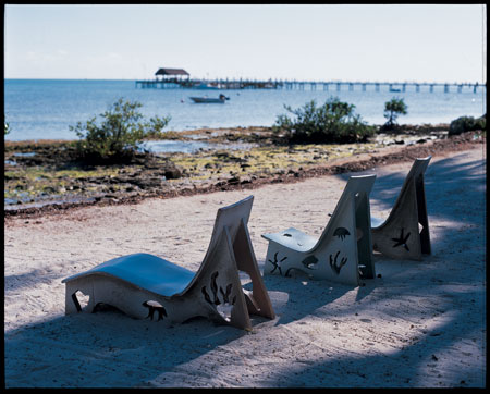 
Potters Beth Kaminstein and Ron Levy created their own kiln-fired clay beach chairs for surf watching.
